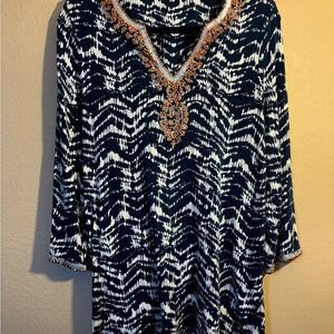 Soft Surroundings‎ Kira Tunic Top Navy Blue White Ikat Batik Beaded Sequin Boho